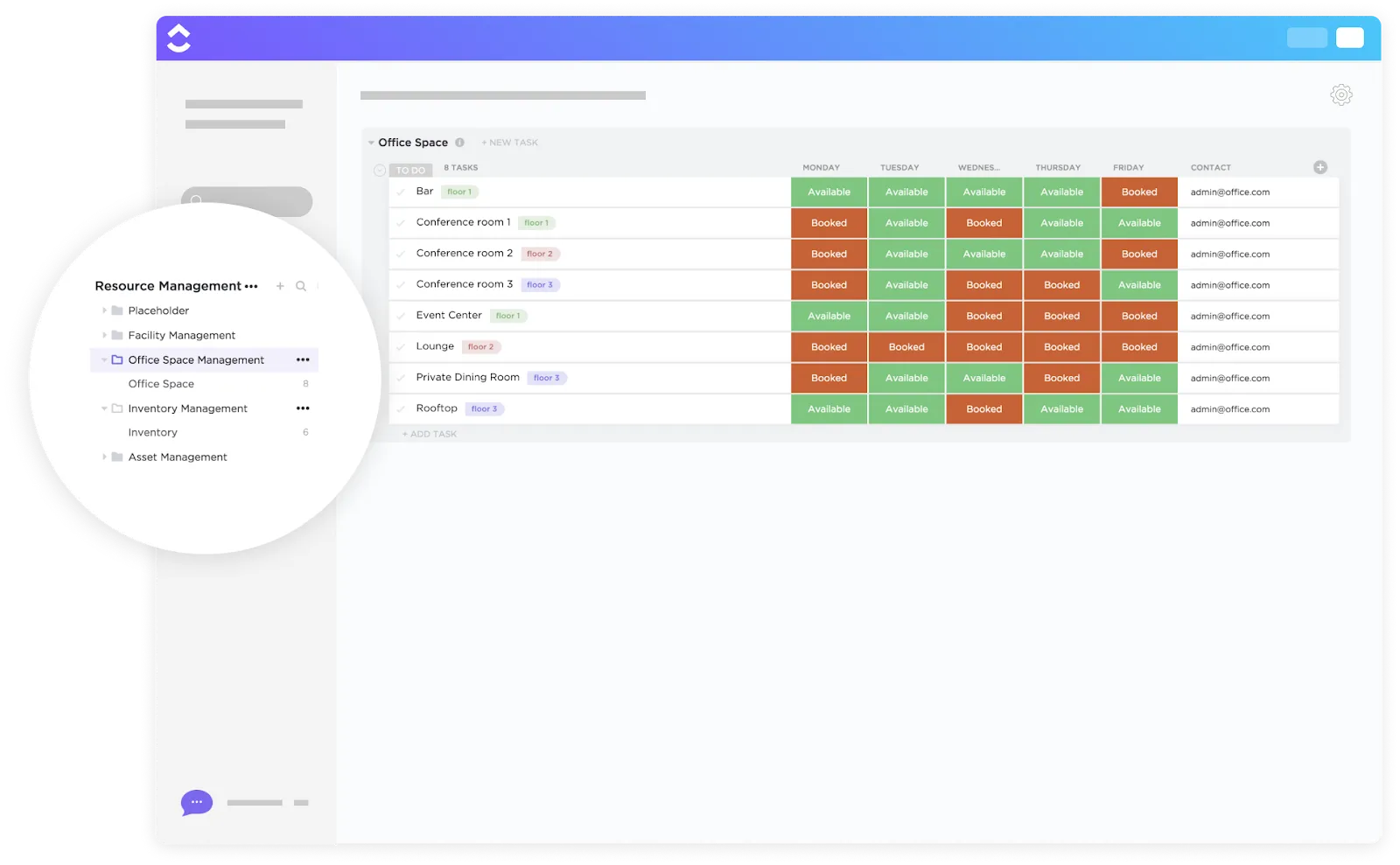 Modèle ClickUp pour la gestion de l'espace de bureau