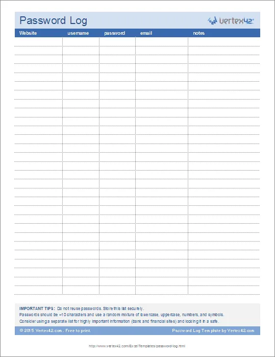 Modello di registro password Excel di Vertex42