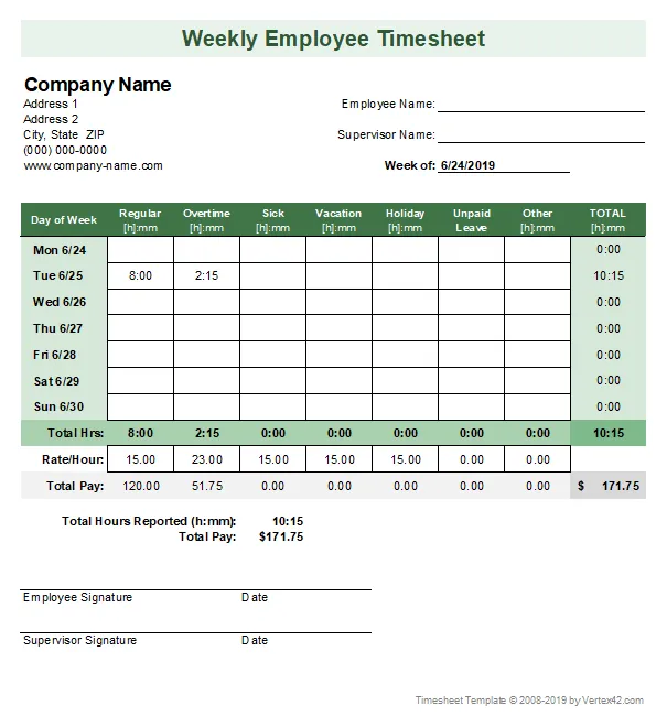 Excel-Timesheet-Vorlage von Vertex42