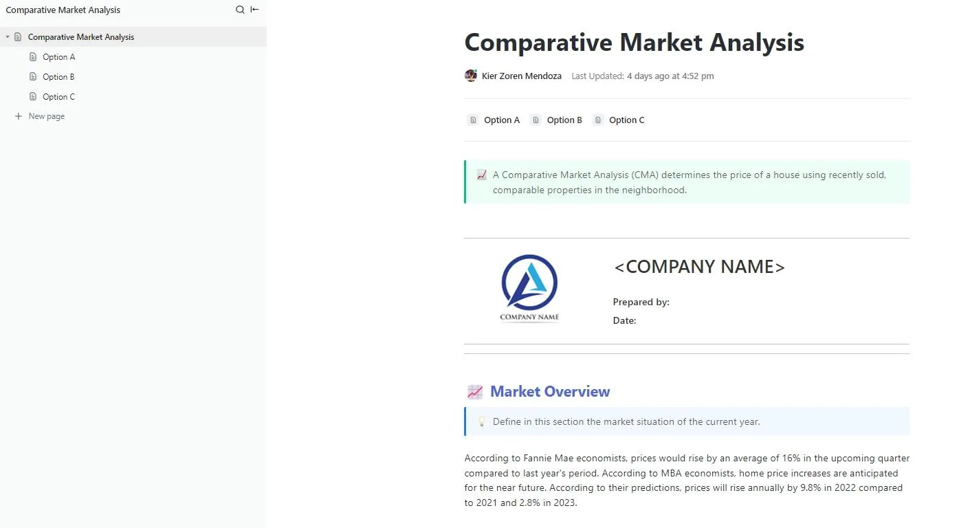 احصل على رؤى قيّمة حول وضع المنافسين وحصتهم في السوق باستخدام نموذج تحليل السوق المقارن من ClickUp
