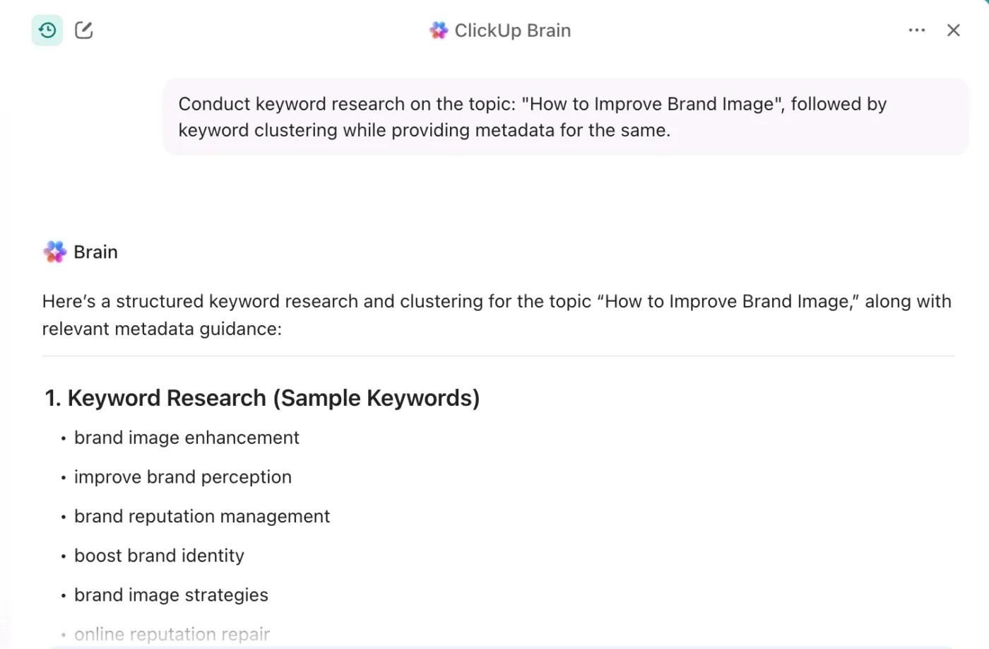 Réponse de ClickUp Brain à une recherche approfondie de mots-clés pour cet article de blog