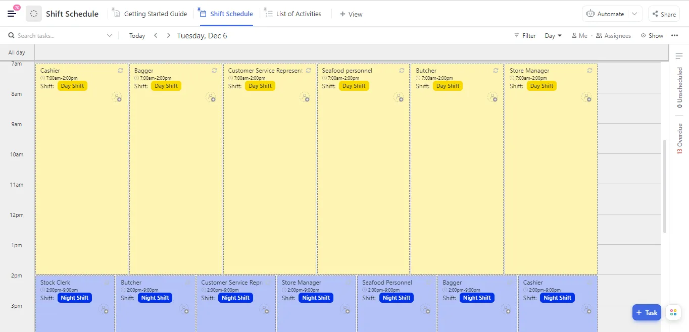 เทมเพลตตารางกะงาน ClickUp Shift