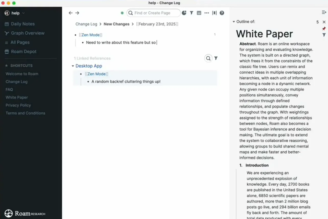 Roam Research (الأفضل للأفكار المترابطة والربط ثنائي الاتجاه)