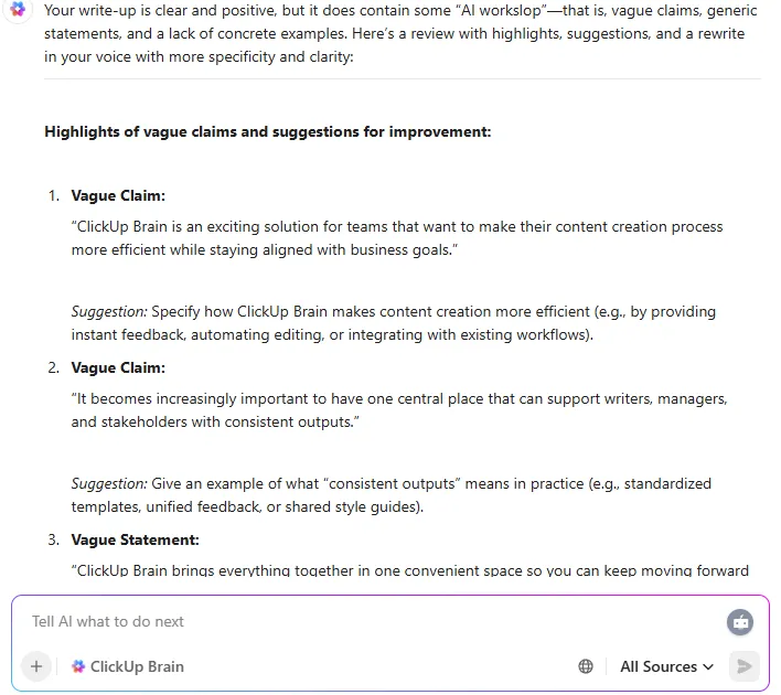A ClickUp Brain segítségével azonosíthatja és kijavíthatja az AI által okozott hibákat bármely írásos anyagban