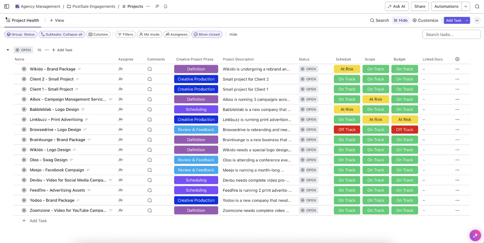 Modello ClickUp per la gestione delle agenzie