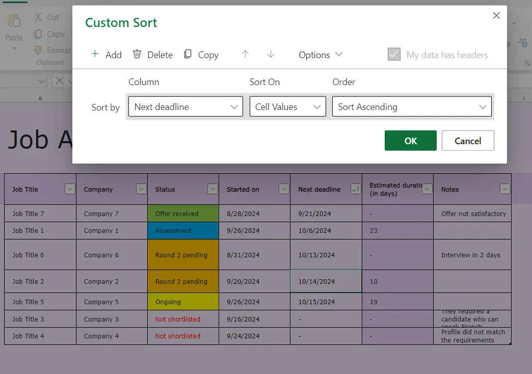 Benutzerdefiniertes Arbeitsblatt: Bewerbungs-Tracker Excel