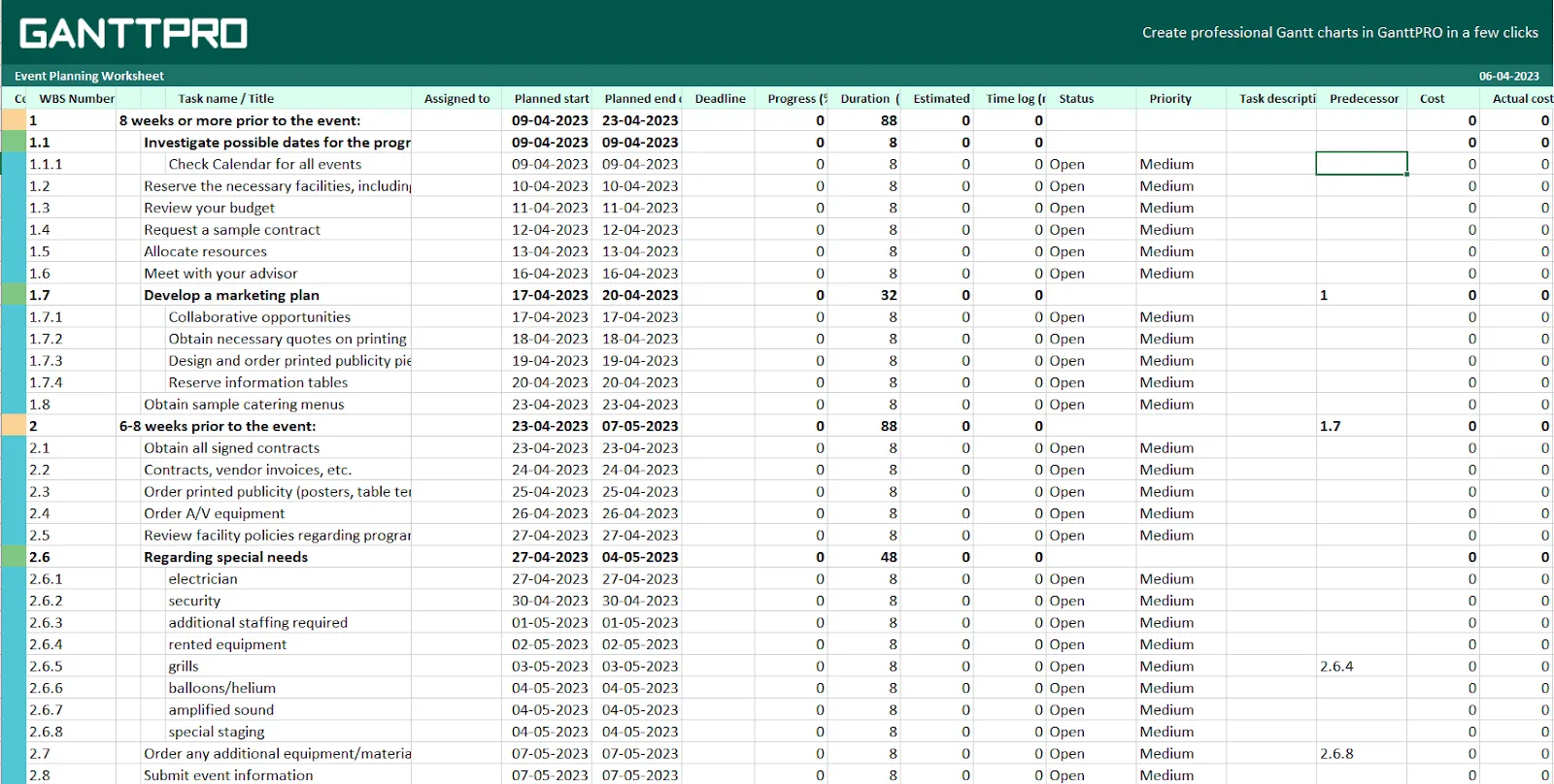 เทมเพลตวางแผนกิจกรรม Excel โดย GanttPro