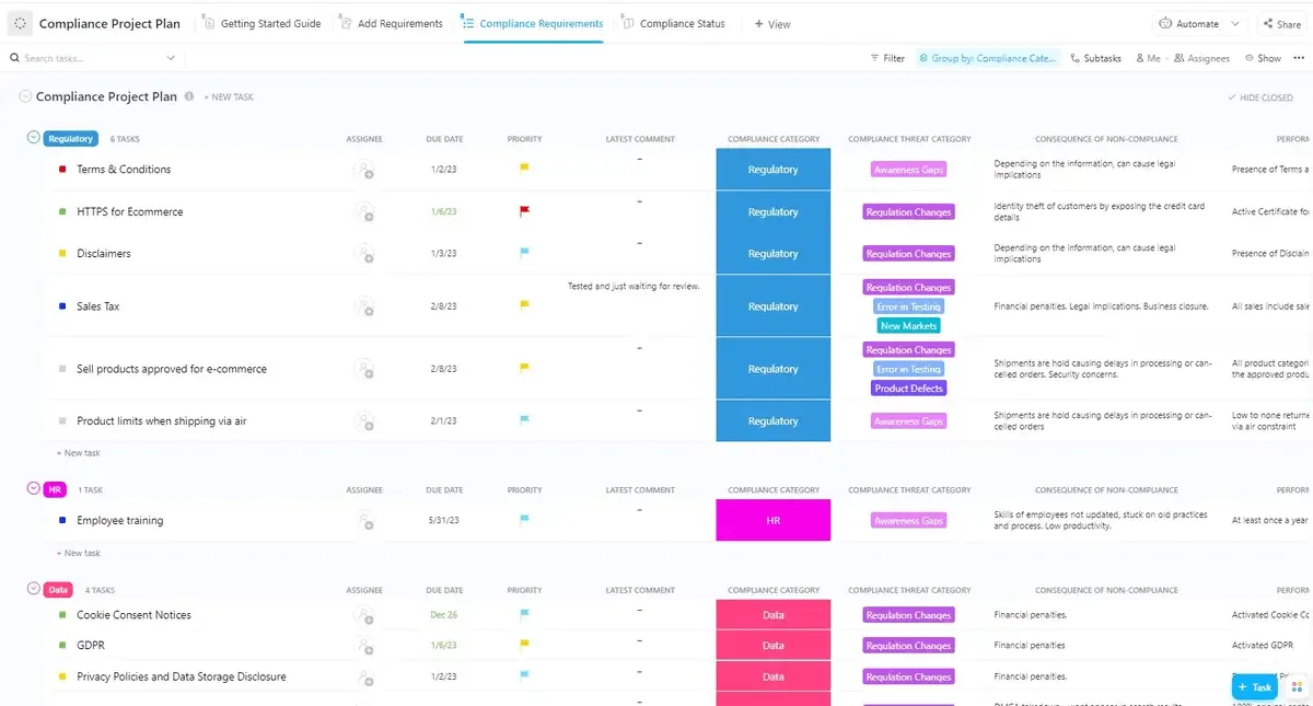 Plantilla de plan de proyecto de cumplimiento normativo de ClickUp