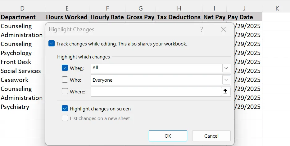 evidenzia le modifiche sullo schermo: controllo delle versioni in Excel