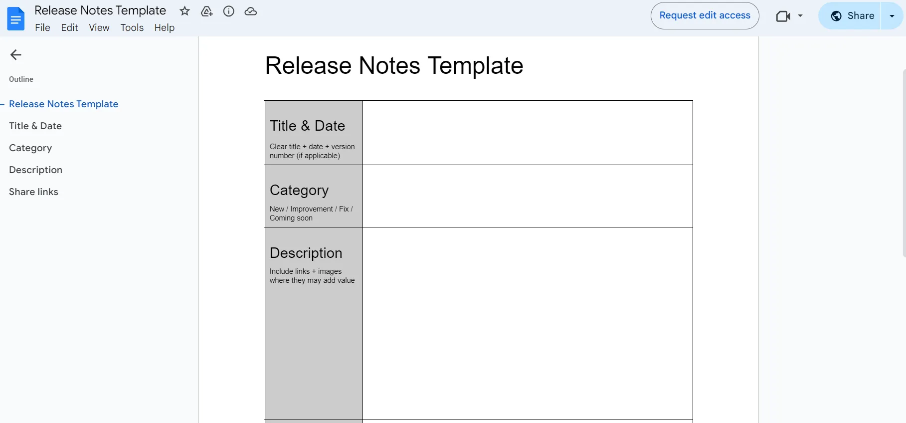 Google Docs-Vorlage für Release Notes