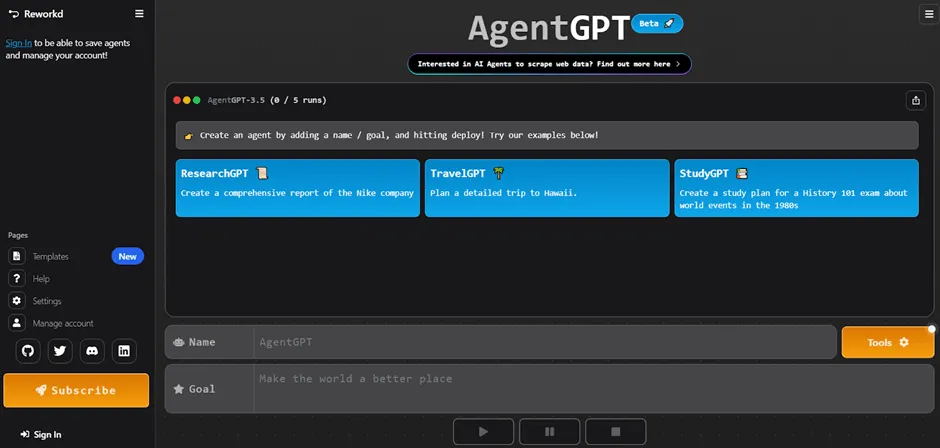 AgentGPT (الأفضل لإنشاء وكلاء مستقلين يعملون على أساس المهام)