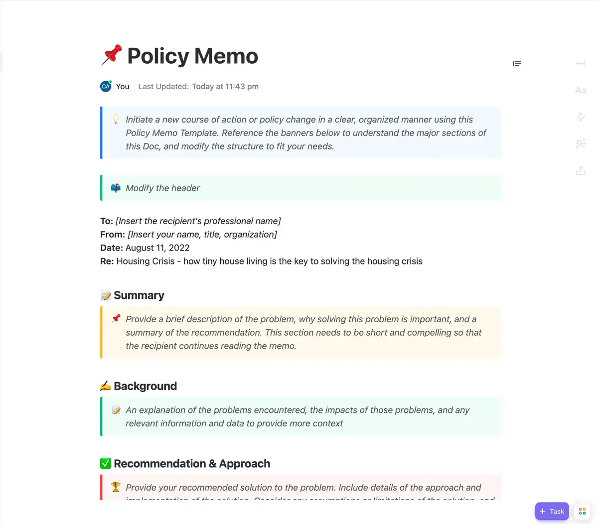 Condividi aggiornamenti e politiche essenziali con il tuo team utilizzando il modello di promemoria delle politiche di ClickUp.