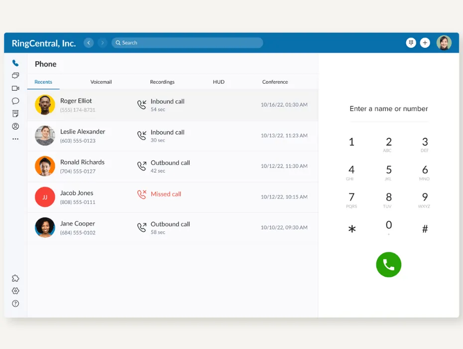 Software per teleconferenze: elenco delle chiamate recenti di RingCentral