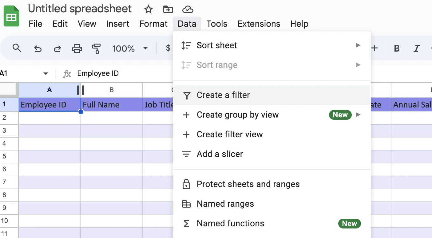 Como criar uma tabela no Google Sheets - Adicione filtros à sua tabela no Google Sheets