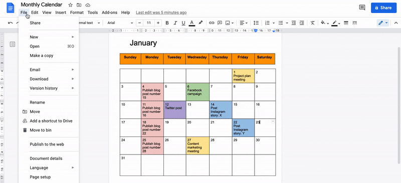 Seiteneinrichtung in Google Doc