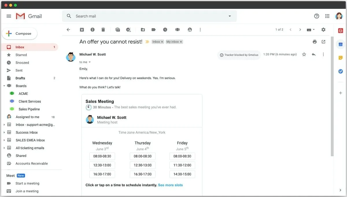 Alternativen zu Reclaim KI: Screenshot einer E-Mail in Gmail