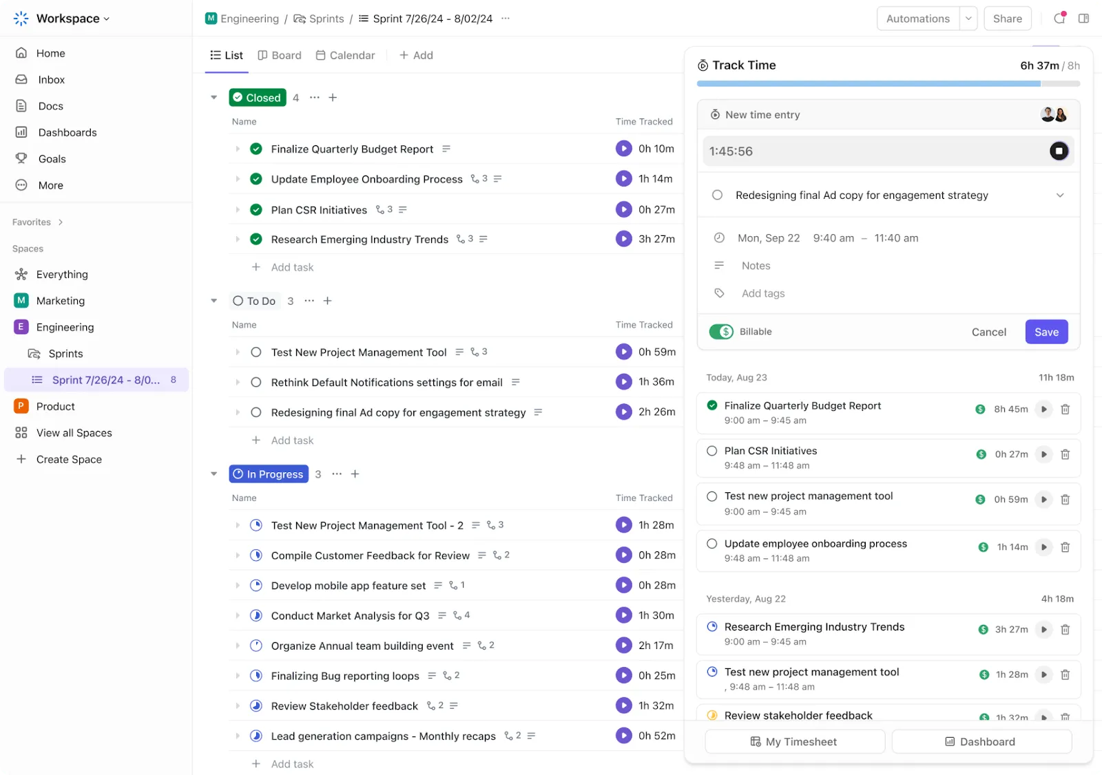 A ClickUp Time Tracking segítségével figyelemmel kísérheti a tesztelési kezdeményezésekre fordított időt: termékárazási stratégiák
