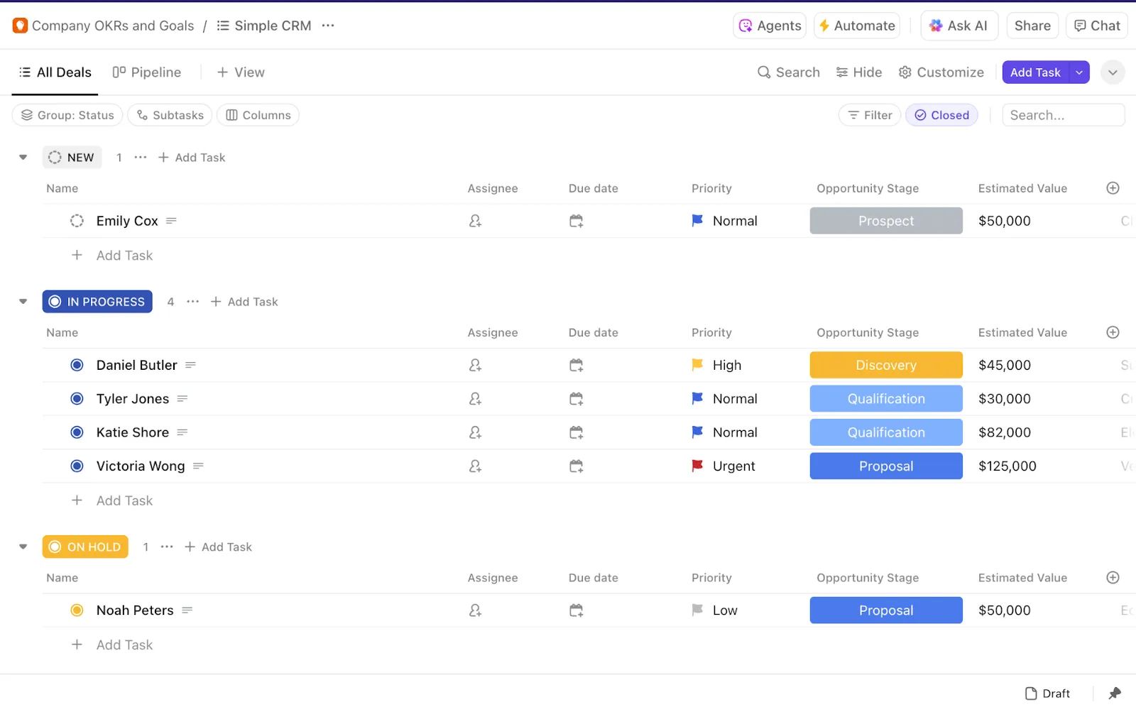 Modello CRM semplice di ClickUp