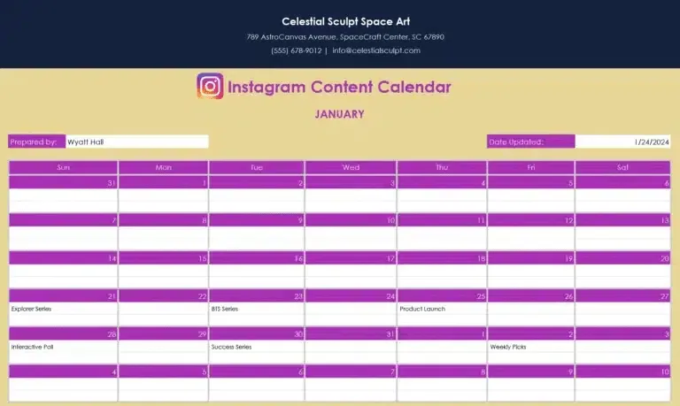 เทมเพลตปฏิทินเนื้อหา Instagram: เทมเพลตปฏิทินเนื้อหา Google Sheets