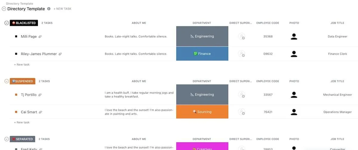 Ottieni una panoramica completa dei dettagli dei tuoi dipendenti con il modello Directory di ClickUp.