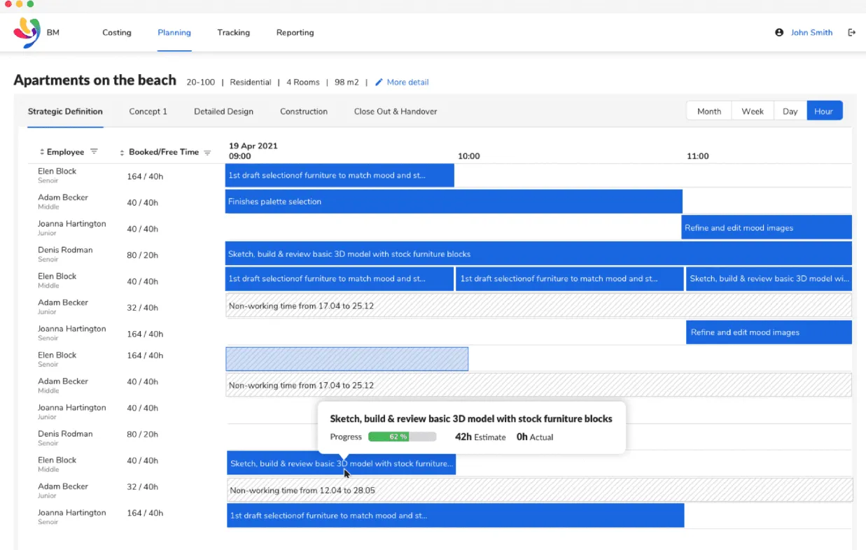 Exemple de calendrier de projet de conception dans Binary Management