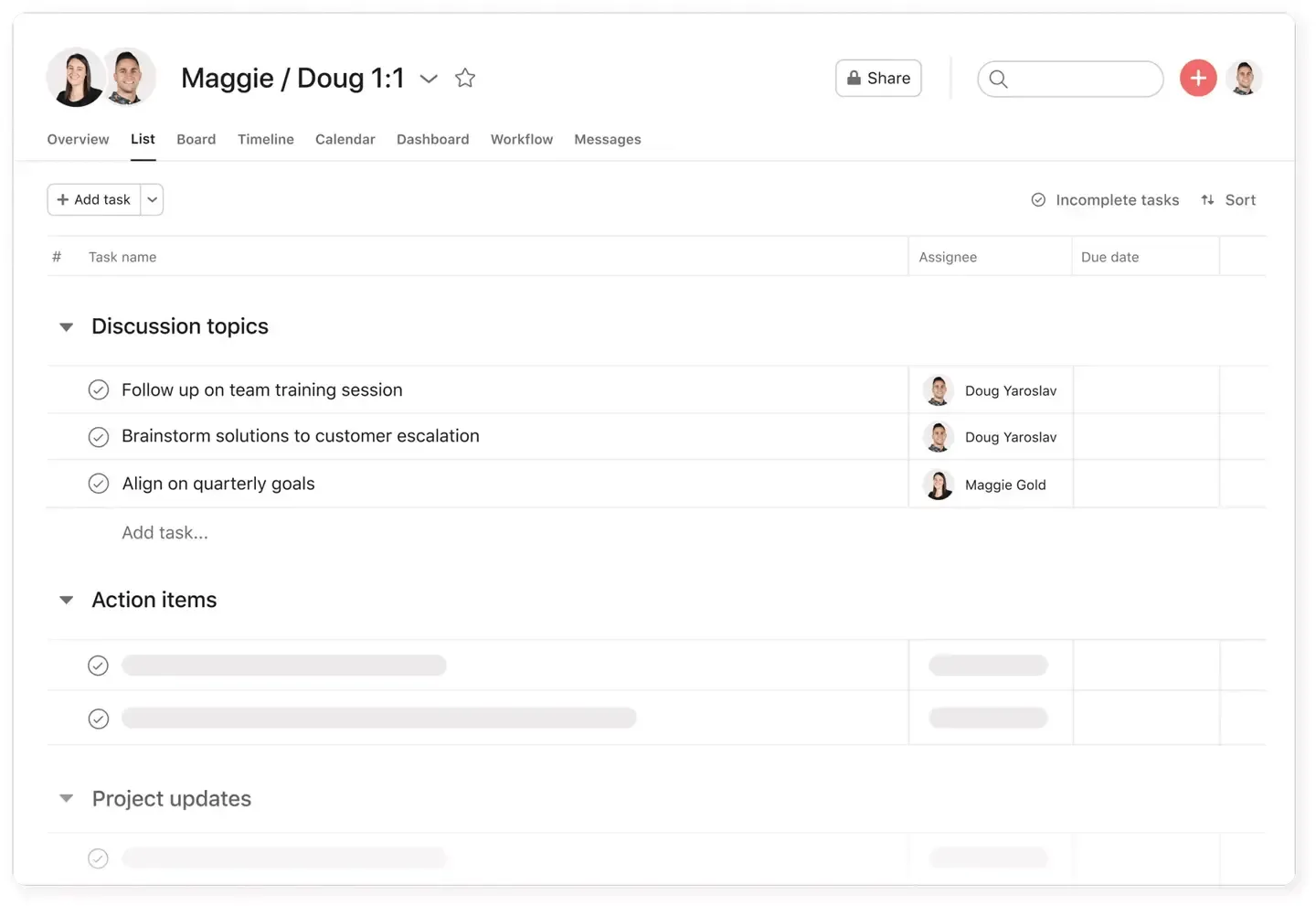 Modello di riunione individuale Asana
