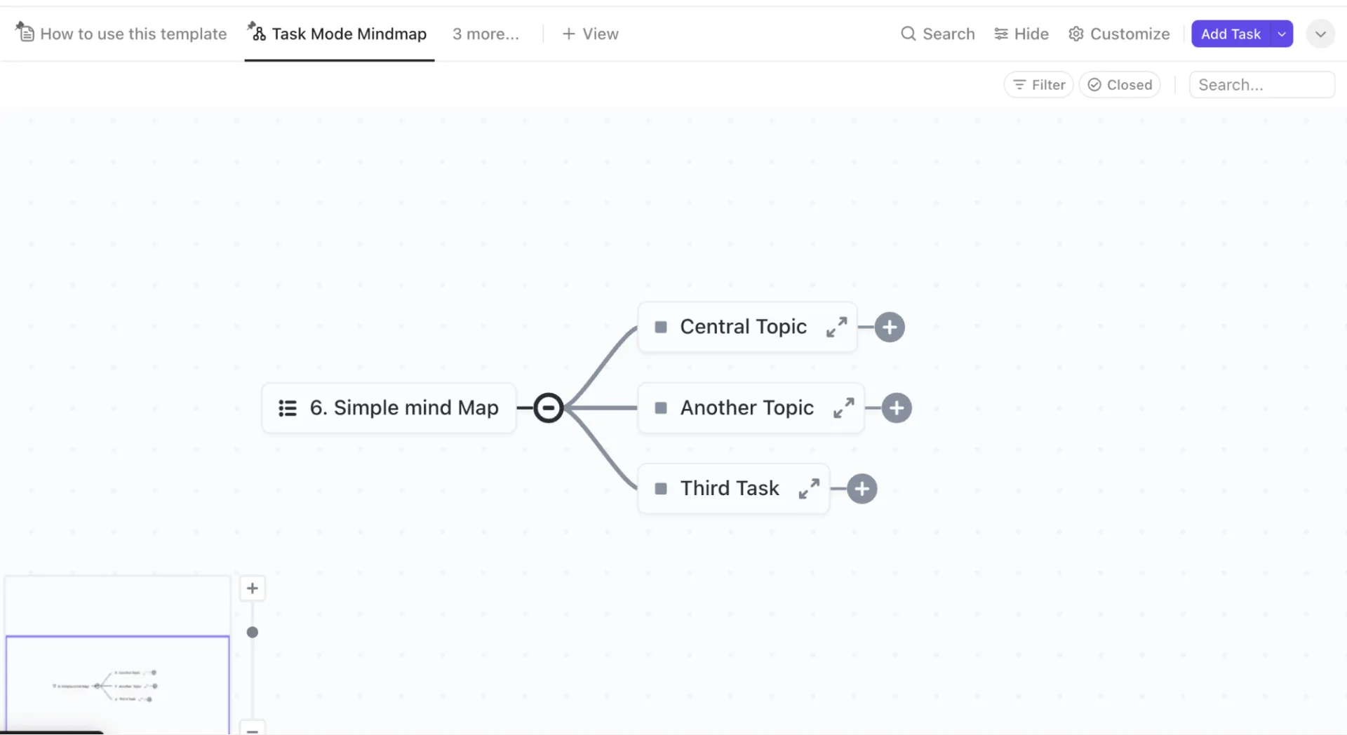Omvandla spridda idéer till strukturerade, sammankopplade arbetsflöden för snabbare genomförande med ClickUps enkla mind map-arbetsflödesmall.