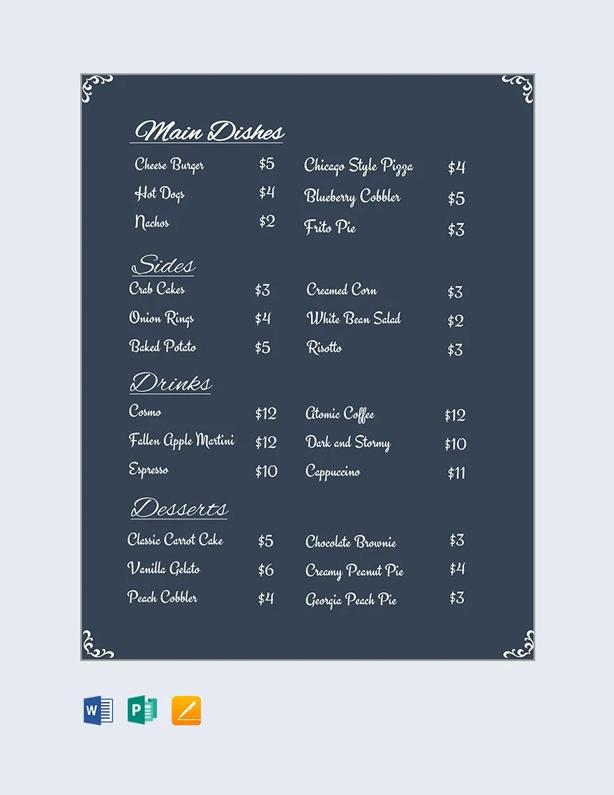 Lista de preços do menu do restaurante no Word