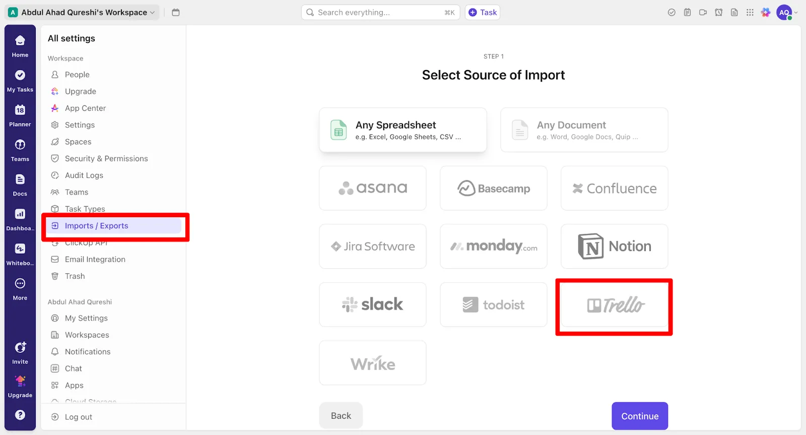Accedi allo strumento di importazione: come importare Trello in ClickUp
