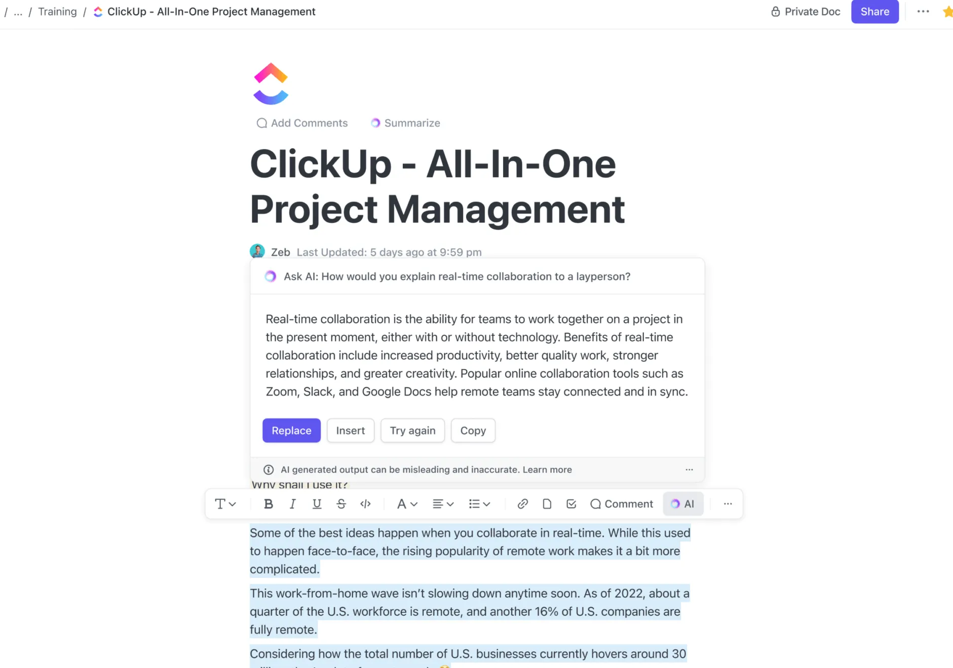 Írás a ClickUp AI segítségével