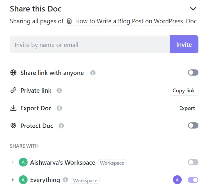 Chọn từ nhiều cách để chia sẻ tài liệu từng bước của bạn trong ClickUp