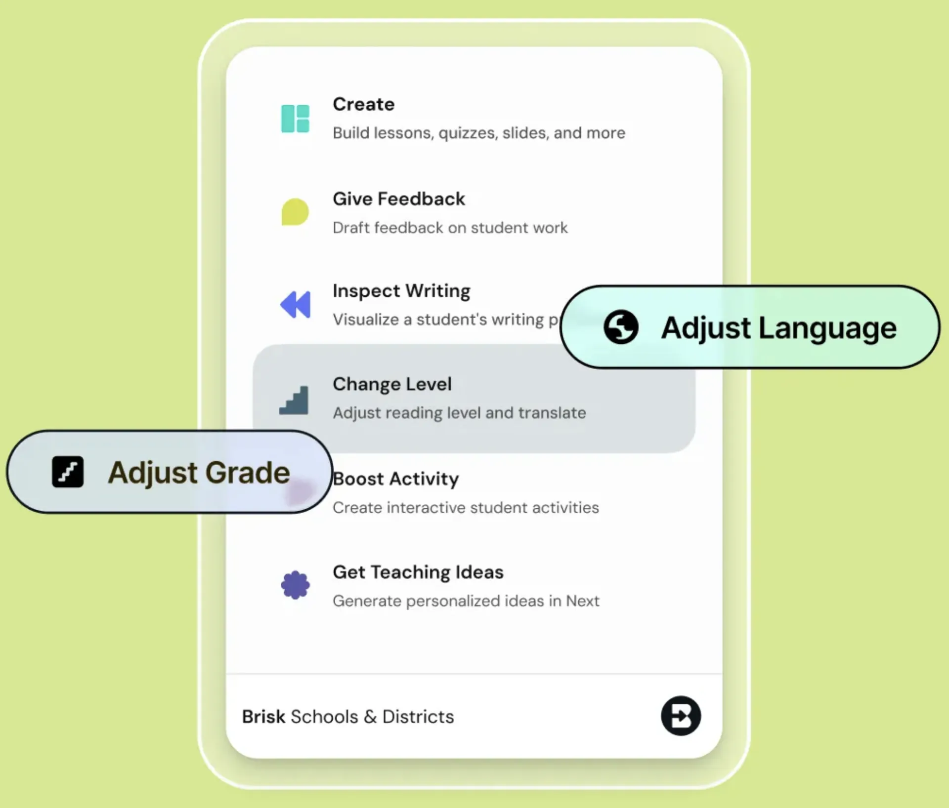 Menu Brisk Teaching con strumenti per creare lezioni, fornire feedback, correggere i compiti scritti e adeguare il livello di lettura e il linguaggio