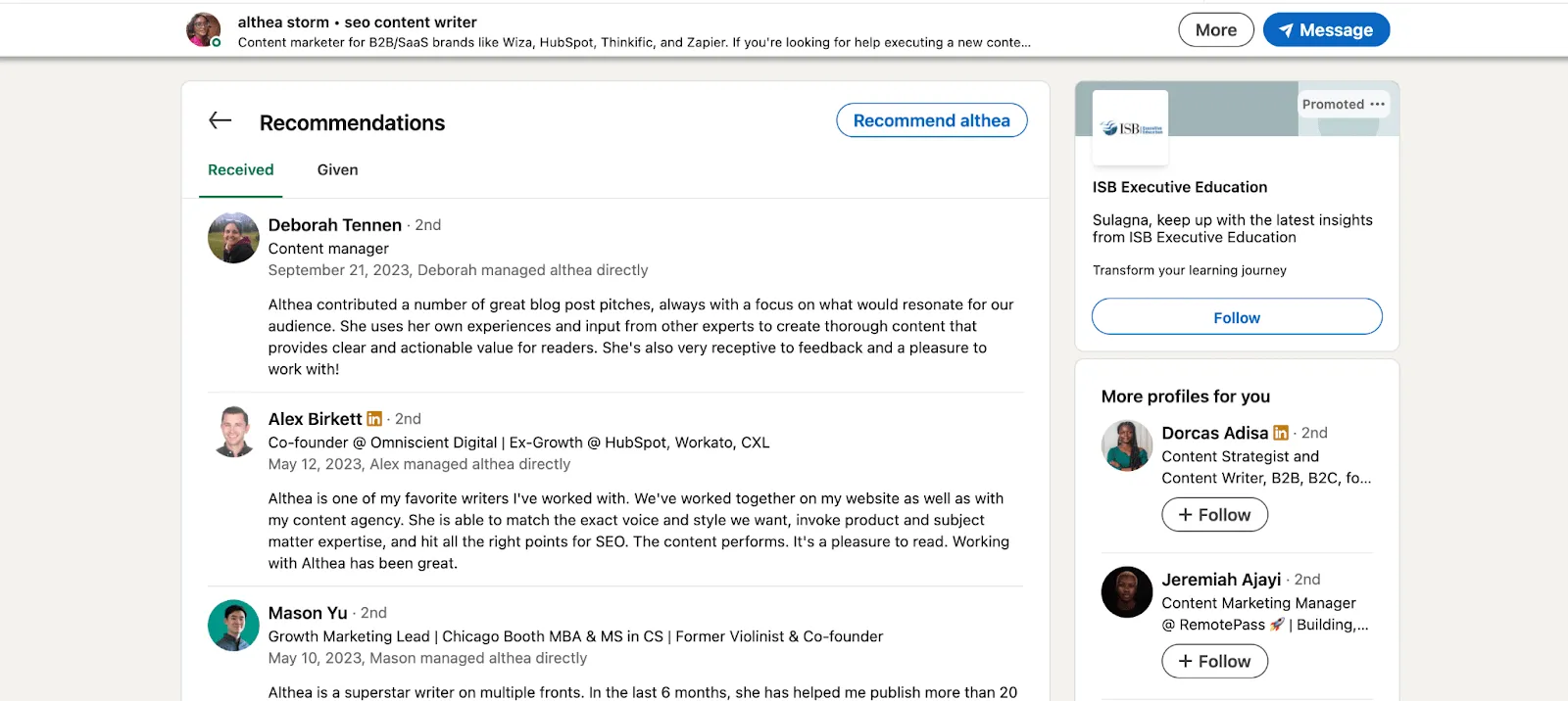 อินเทอร์เฟซ LinkedIn: คำแนะนำใน LinkedIn