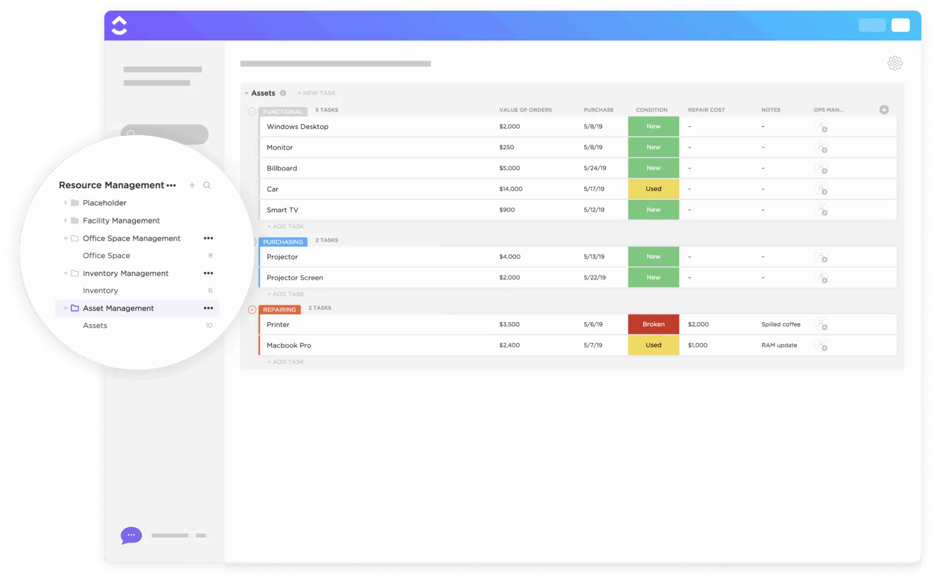 Modello di gestione delle risorse di ClickUp