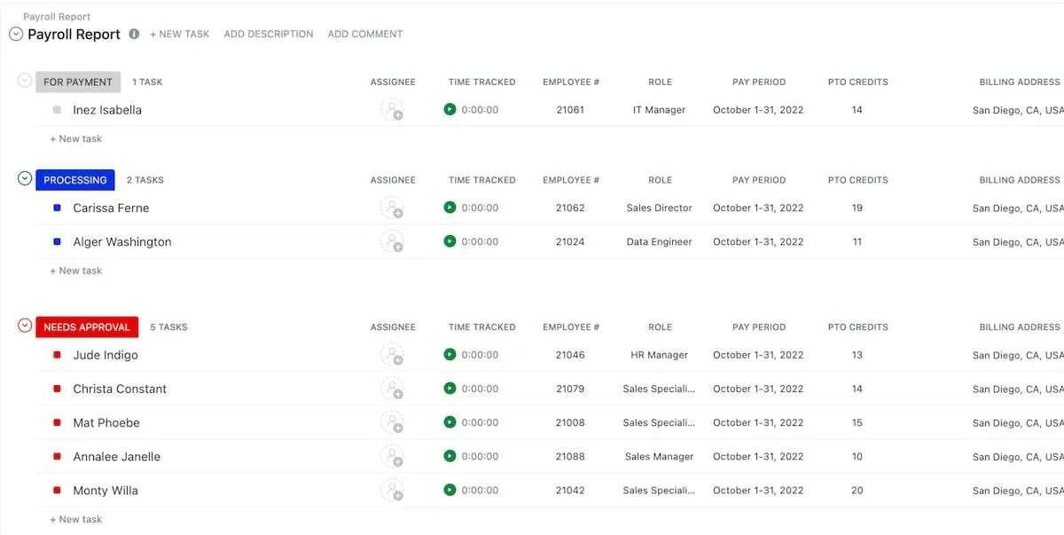 Con il modello di report paghe di ClickUp, creare registrazioni salariali e aumentare la precisione è più facile che mai.