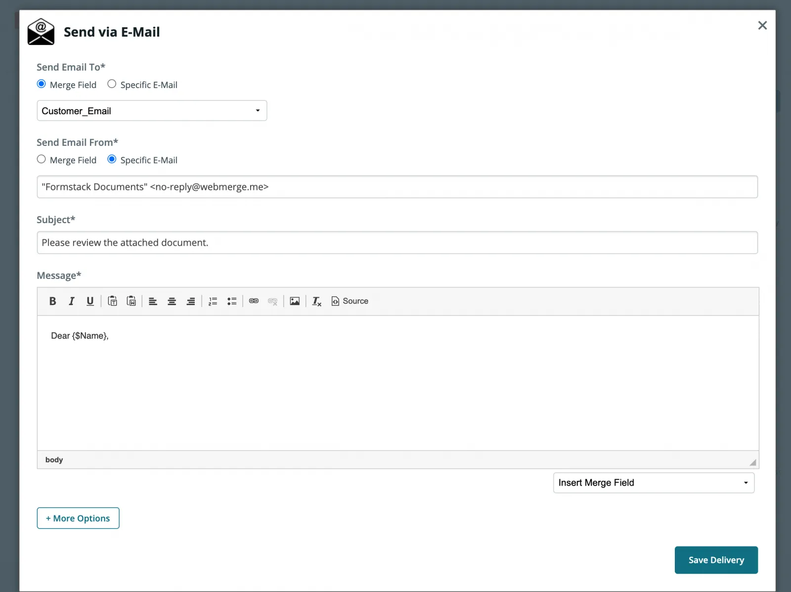 ตัวอย่างการป้อนคำตอบแบบสำรวจลงในอีเมลส่วนบุคคลด้วย Formstack ซึ่งเป็นทางเลือกของ Paperform