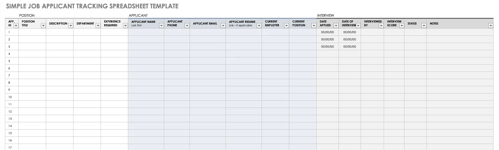 Modello Excel semplice per il monitoraggio dei candidati di Smartsheet