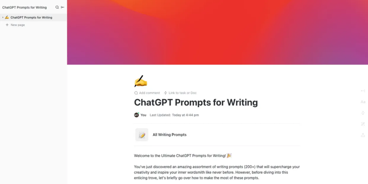 Comece a escrever com uma biblioteca de prompts sob demanda usando o ClickUp ChatGPT Prompts for Writing Template.