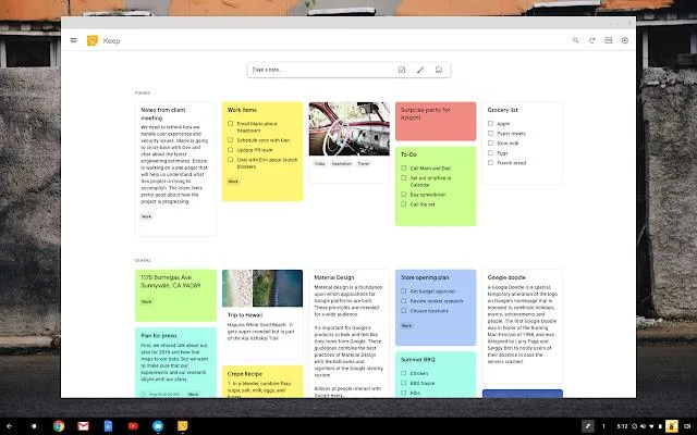 Tableau de bord Google Keep