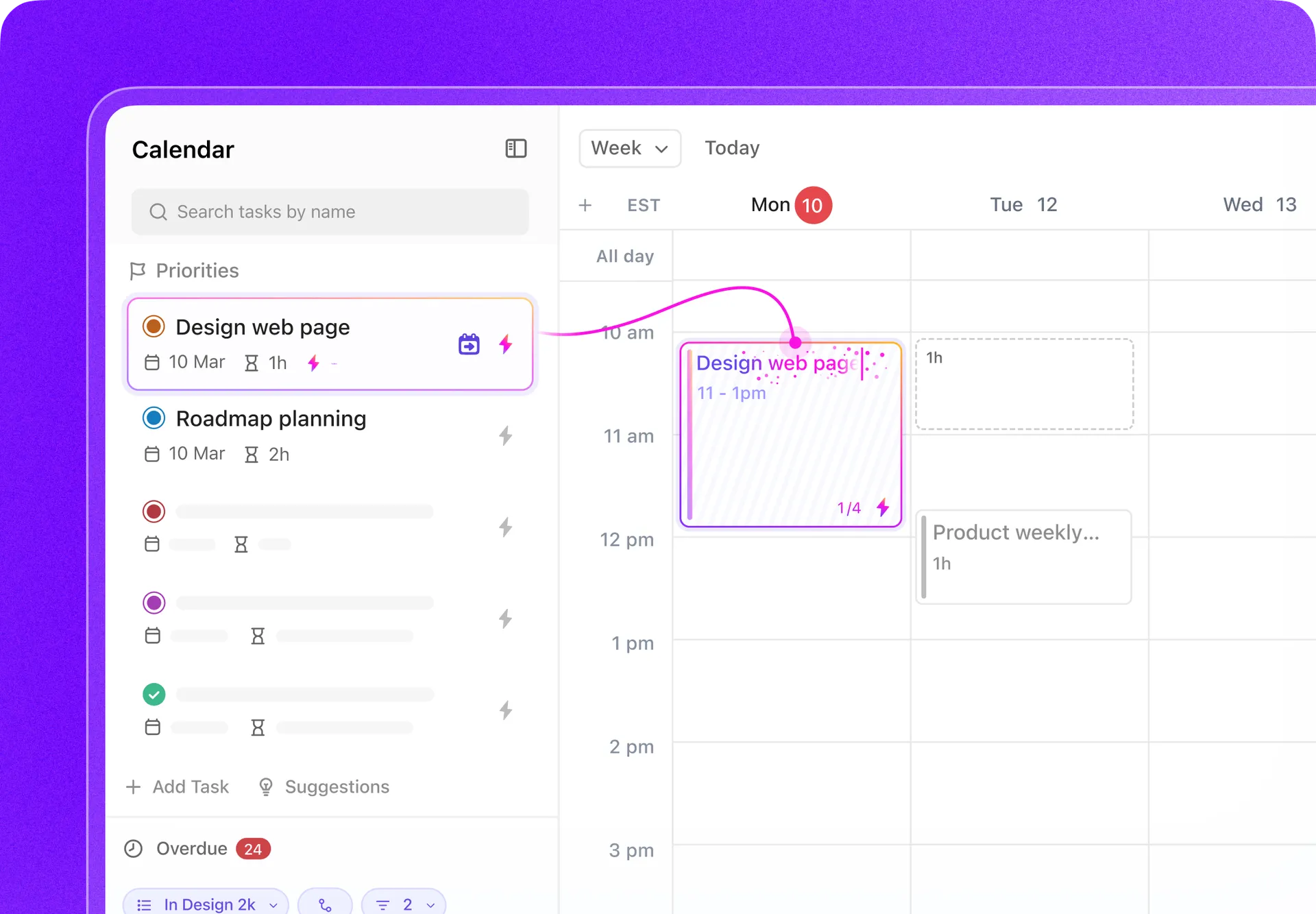 Gebruik AI-aangedreven planning in ClickUp Kalender om altijd op de hoogte te blijven van je toewijzingen