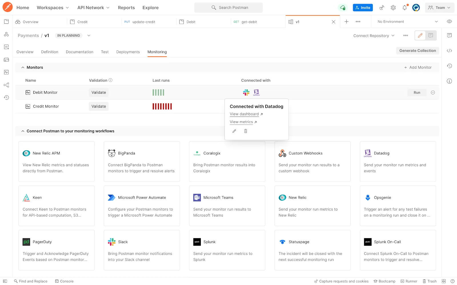 ภาพหน้าจอของแดชบอร์ดของ Postman, เครื่องมือทดสอบระบบอัตโนมัติ