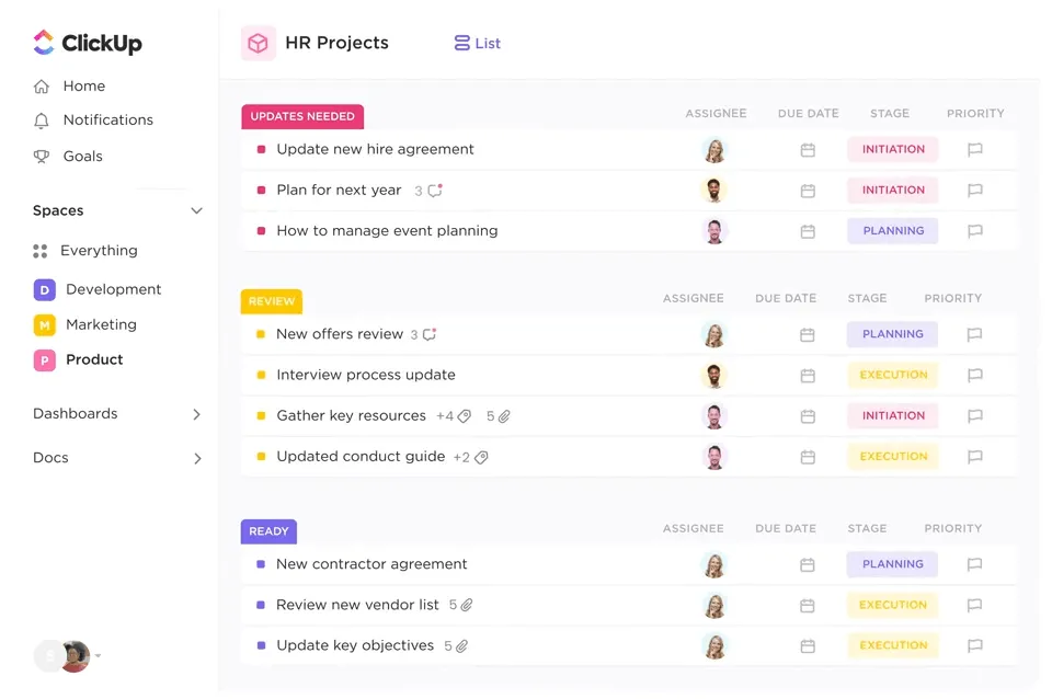 Statistiche sul coinvolgimento dei dipendenti: effettua il monitoraggio delle prestazioni dei dipendenti e semplifica le informazioni con ClickUp per le risorse umane.