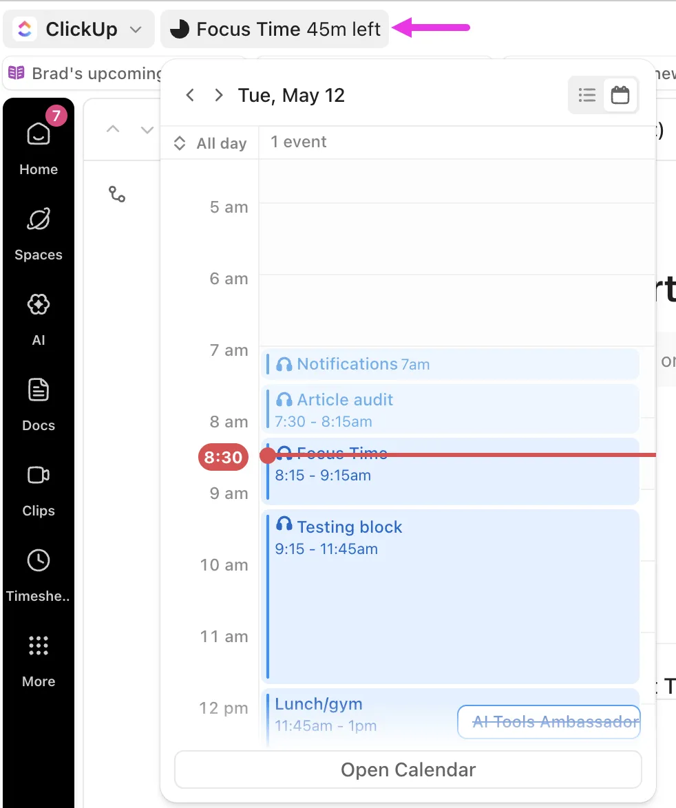 Use o Calendário do ClickUp para planejar seu dia com blocos otimizados por IA e reorganização