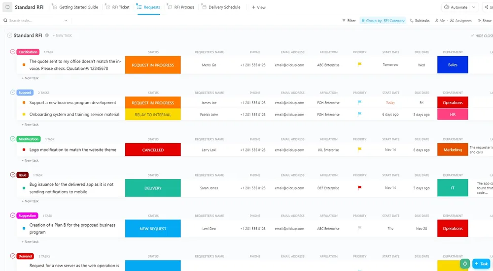 ClickUp Standard-RFI-Vorlage