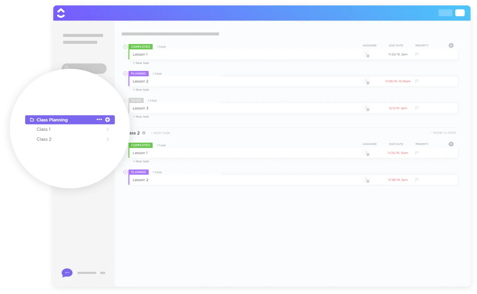 Modello di pianificazione delle lezioni ClickUp