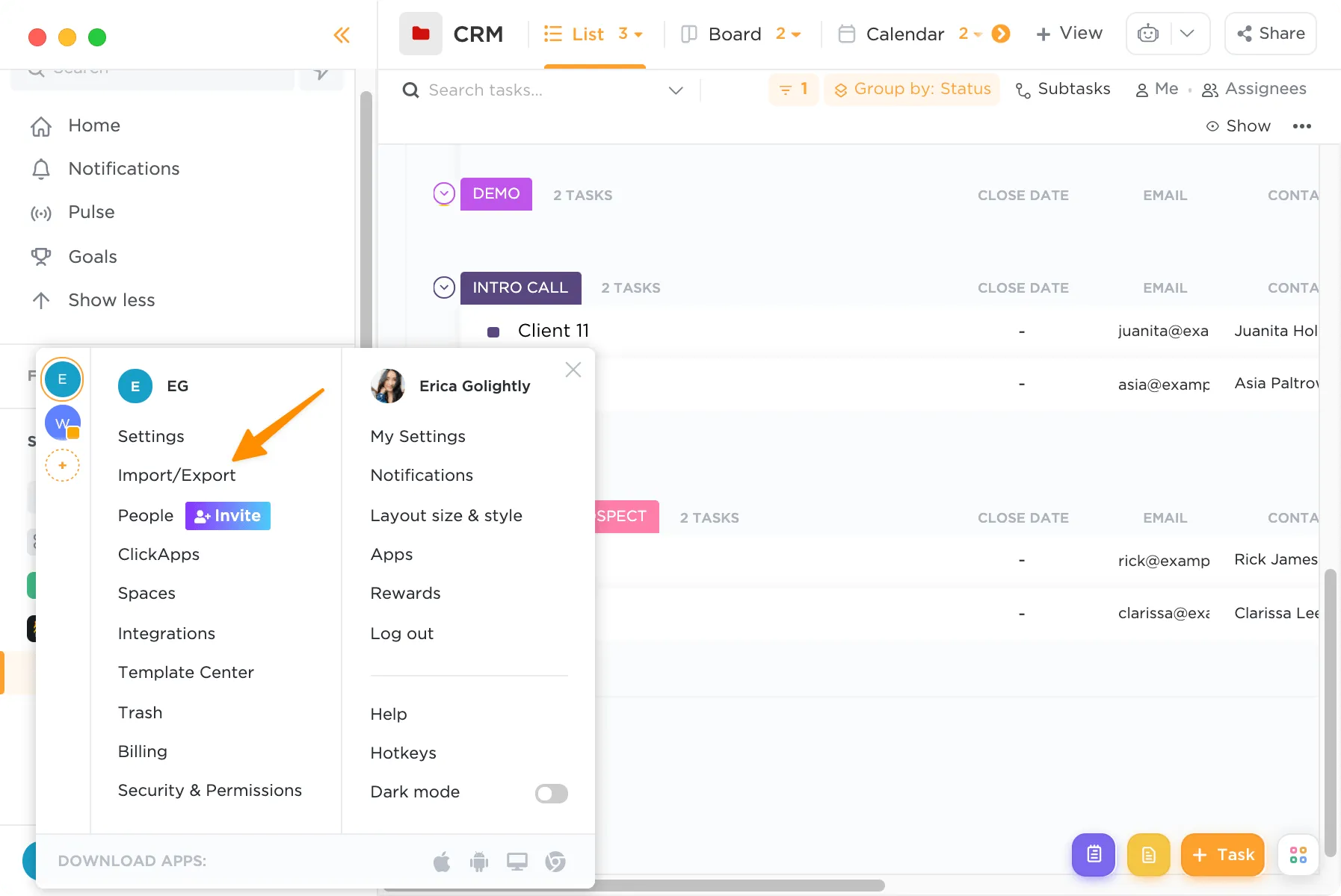 Importieren Sie Massendaten in Ihr benutzerdefiniertes CRM in ClickUp.