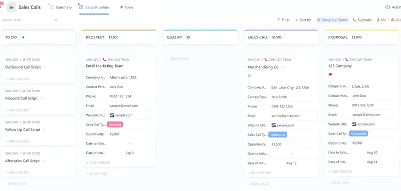 Acompanhe facilmente todas as suas chamadas de vendas, seus resultados e ações futuras com o modelo de chamadas de vendas do ClickUp.