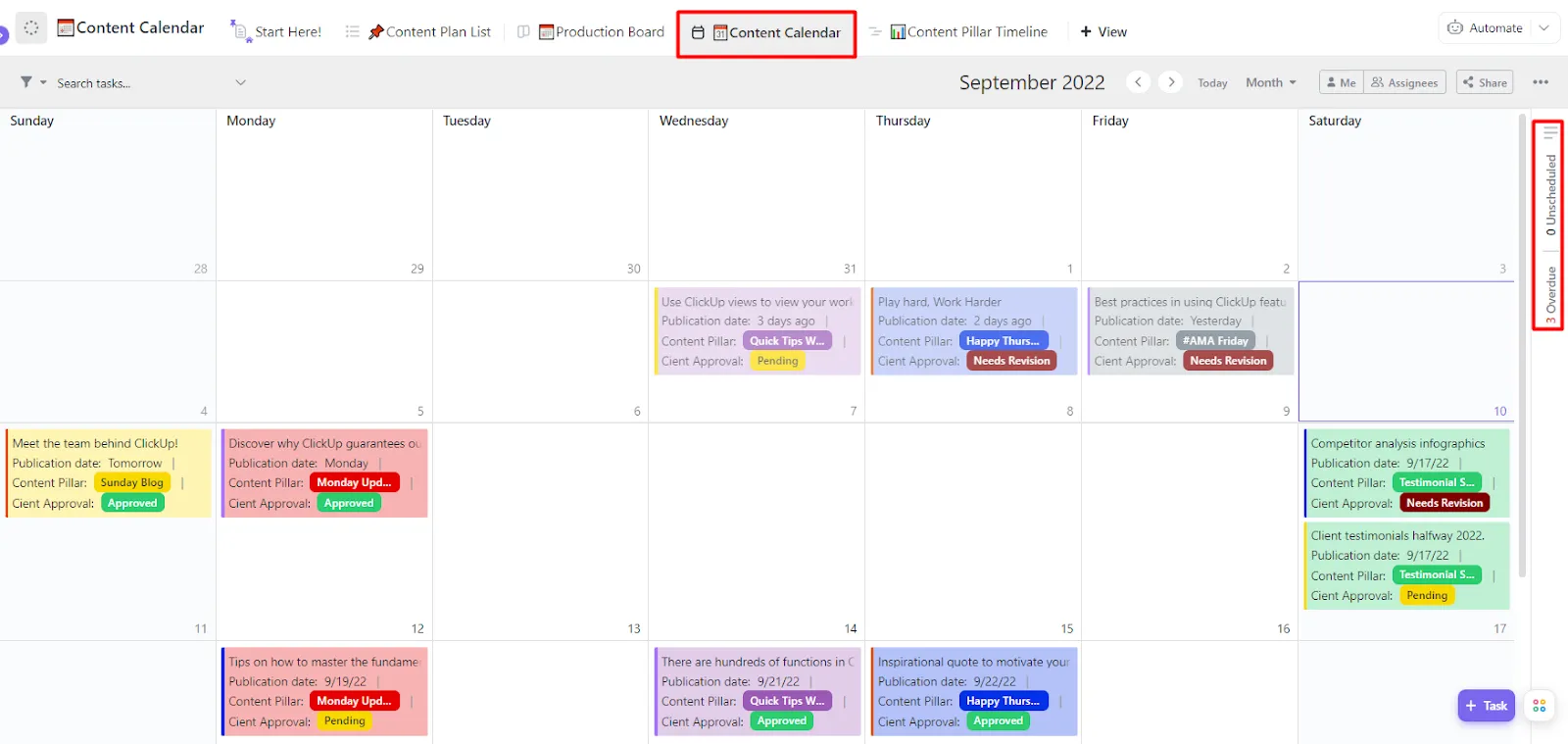 Vista de calendario de ClickUp: aplicaciones para programar publicaciones en Instagram.