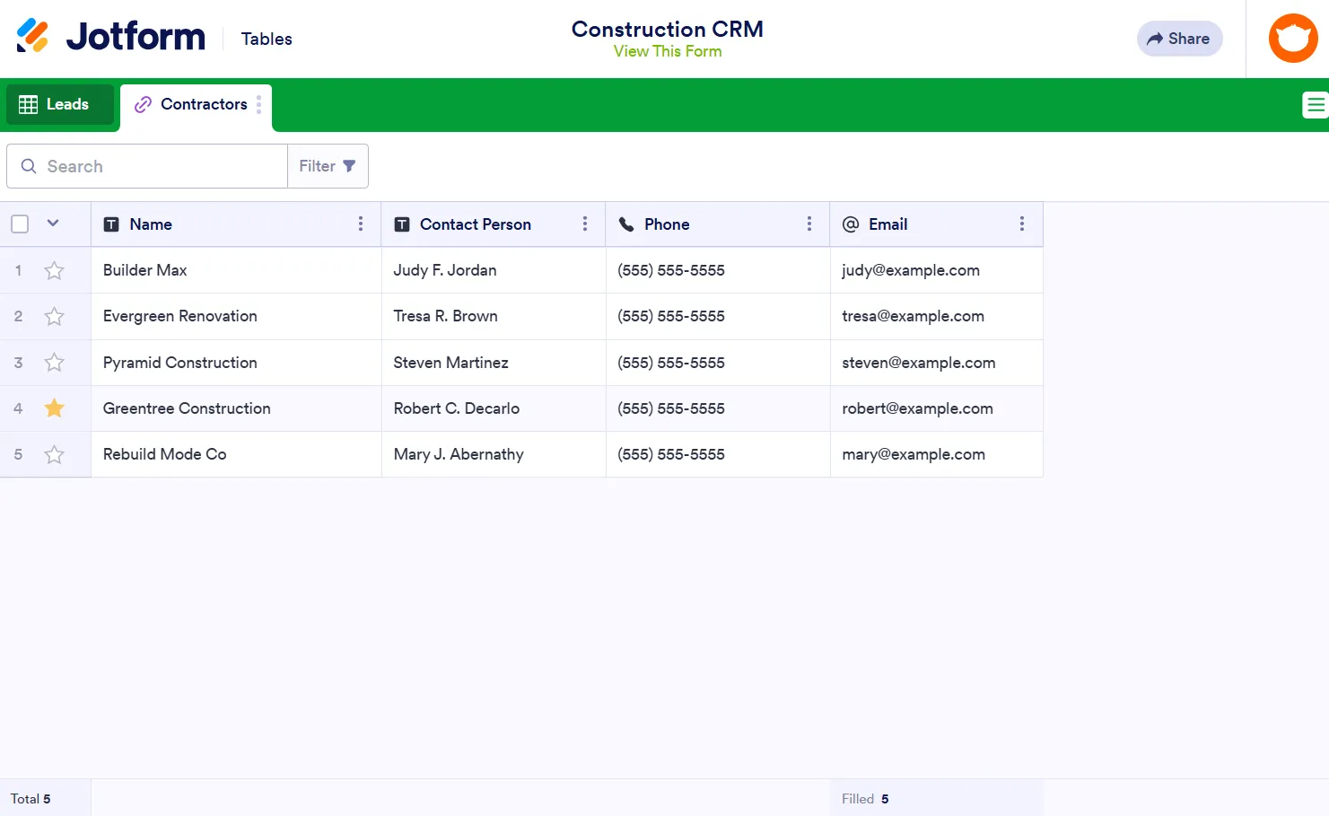 Modello Excel CRM per l'edilizia di Jotform