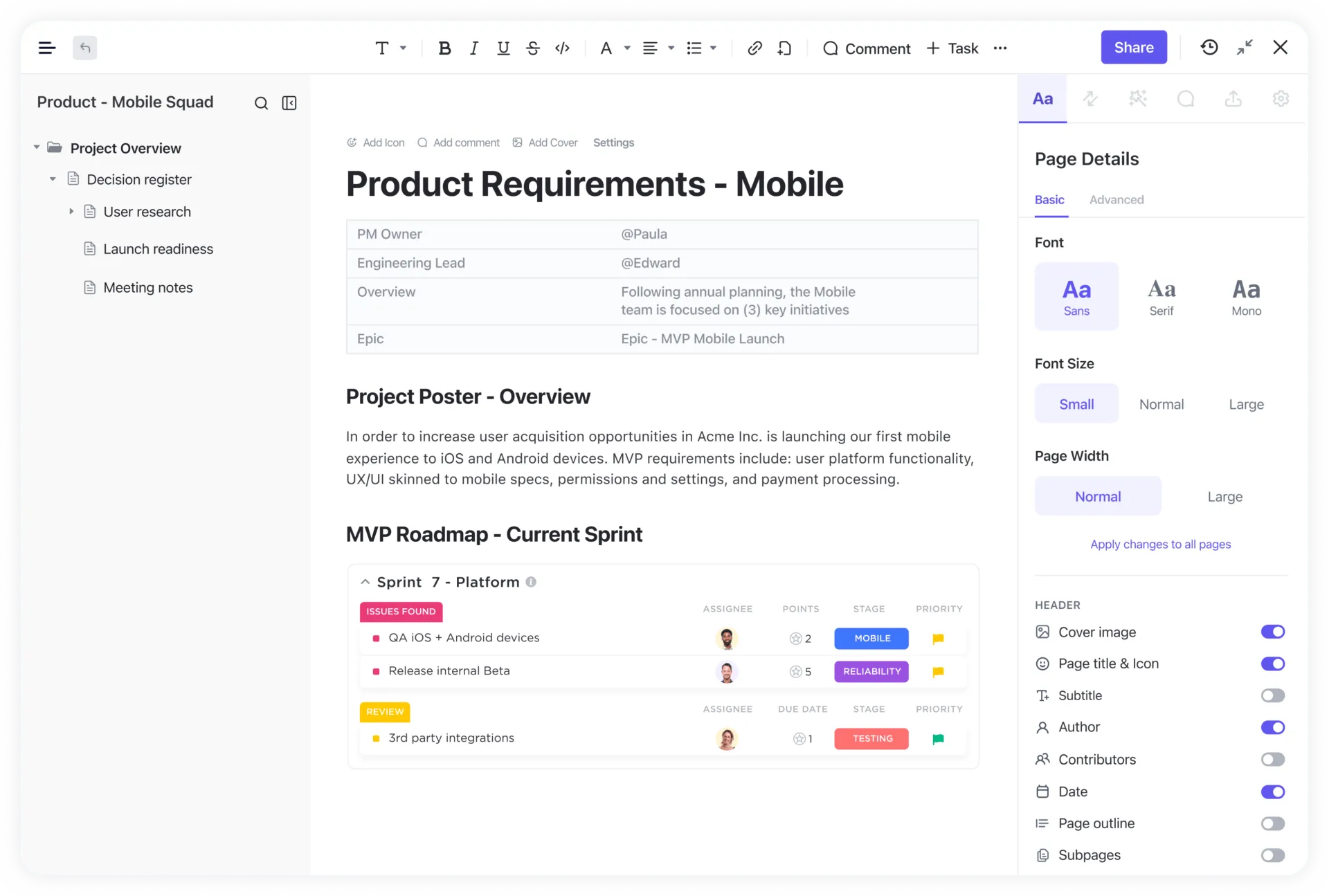 ClickUp Docs Xem dạng danh sách ví dụ về Yêu cầu sản phẩm